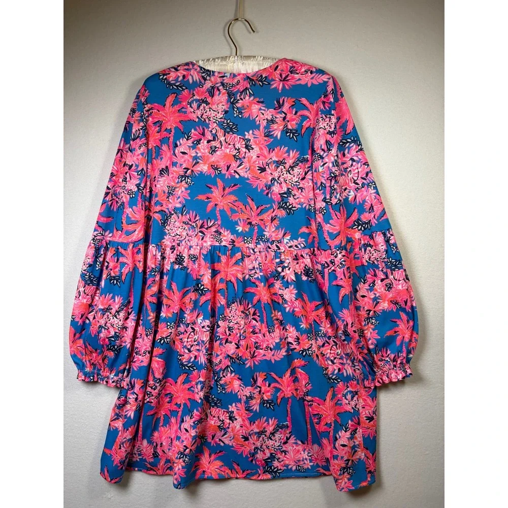 Lilly Pulitzer Babydoll Dress Womens XL Blue Pink Excellent Tropical Palm Print - Picture 8 of 8
